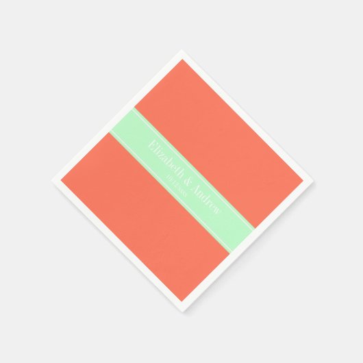 Solid Coral, Mint Ribbon Name Monogram Servetten (Hoek)