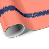 Solid Coral, Navy Blue Ribbon Name Monogram Cadeaupapier (Rol Hoek)