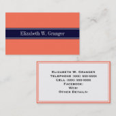 Solid Coral, Navy Blue Ribbon Name Monogram Visitekaartje (Voorkant / Achterkant)