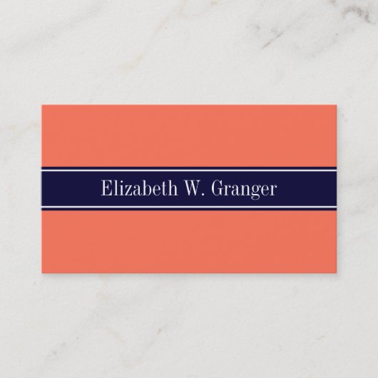 Solid Coral, Navy Blue Ribbon Name Monogram Visitekaartje (Voorkant)