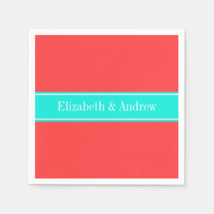 Solid Coral Red, Bright Aqua Ribbon Name Monogram Servetten