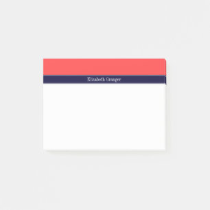 Solid Coral Red, Navy Blue Ribbon Name Monogram Post-it® Notes