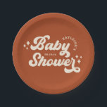 Solid Custom Color Retro Boho Baby shower Papieren Bordje<br><div class="desc">Deze eenvoudige, stijlvolle baby showers papieren borden hebben een aangepaste kleur achtergrond (weergegeven in terracotta), samen met retro gestileerde typografie lezen, "Baby shower" in ivoor. Een naam sjabloon is gebogen rond de hoofdtypografie, en een andere tekst sjabloon is opgenomen voor de datum. Kleine steraccenten dragen bij aan de retro look!...</div>