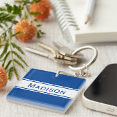 Solid Deep Blue White Stripes Modern Name Sleutelhanger (Voorkant Rechts)