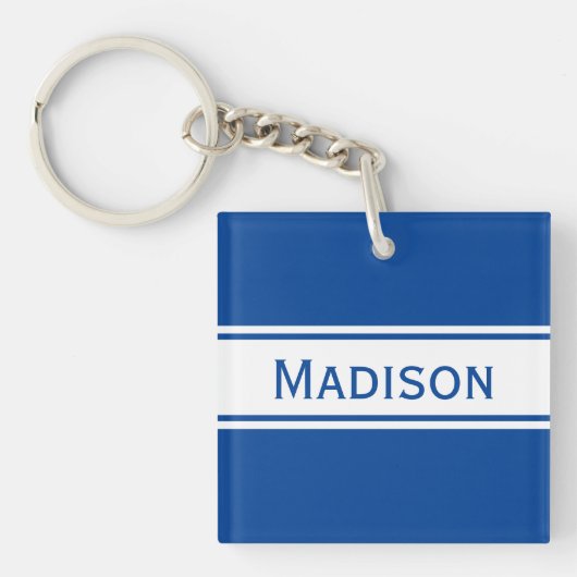 Solid Deep Blue White Stripes Modern Name Sleutelhanger (voorkant)
