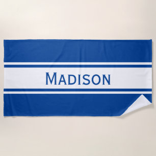 Solid Deep Blue White Stripes Modern Name Strandlaken
