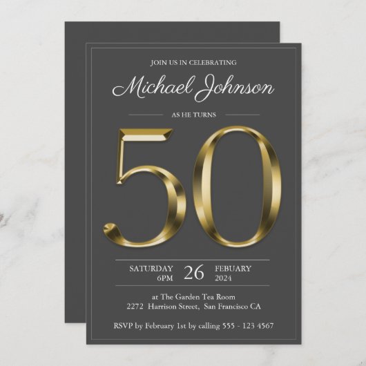 Solid Gold 50e verjaardag Dark Grey Classy Party Kaart (Voorkant / Achterkant)