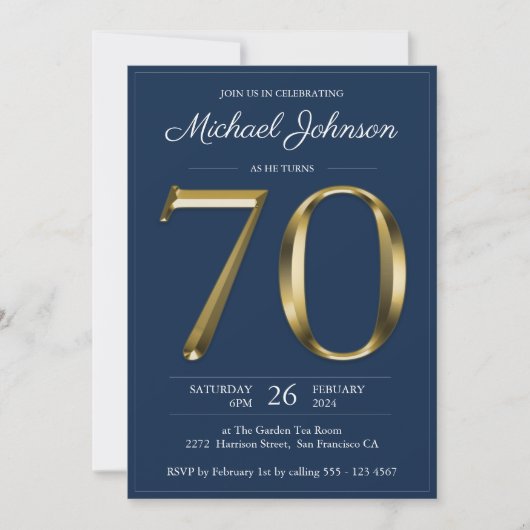 Solid Gold Tekst Navy Blue Classy 70ste verjaardag Kaart (Voorkant)