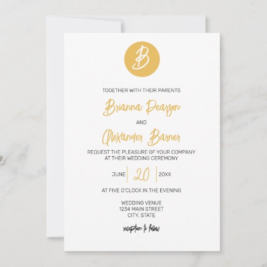 Solid Golden Monogram Huwelijk Kaart (Voorkant)