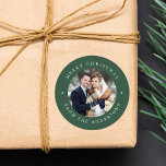 Solid Green | Holiday Afbeelding Ronde Sticker<br><div class="desc">Our elegant foliday stickers feature your foto with a dark green frame. Personalize the foliday stickers by adding your name or changing the greeting to one of your Selce.</div>