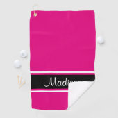 Solid Hot Pink Black Stripe Script Name Golfhanddoek (Insitu)