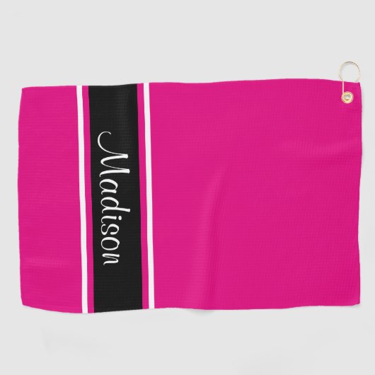 Solid Hot Pink Black Stripe Script Name Golfhanddoek (Horizontaal)
