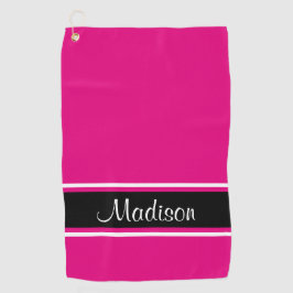 Solid Hot Pink Black Stripe Script Name Golfhanddoek