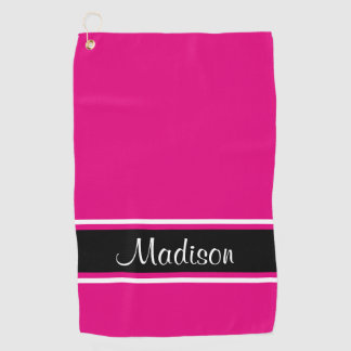 Solid Hot Pink Black Stripe Script Name Golfhanddoek