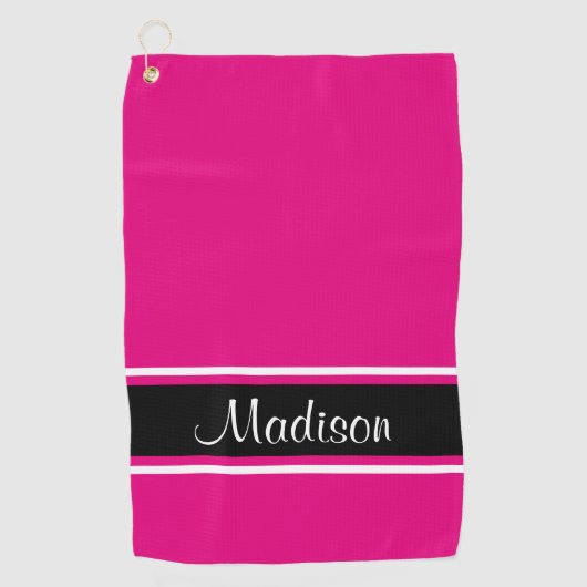 Solid Hot Pink Black Stripe Script Name Golfhanddoek (Voorkant)