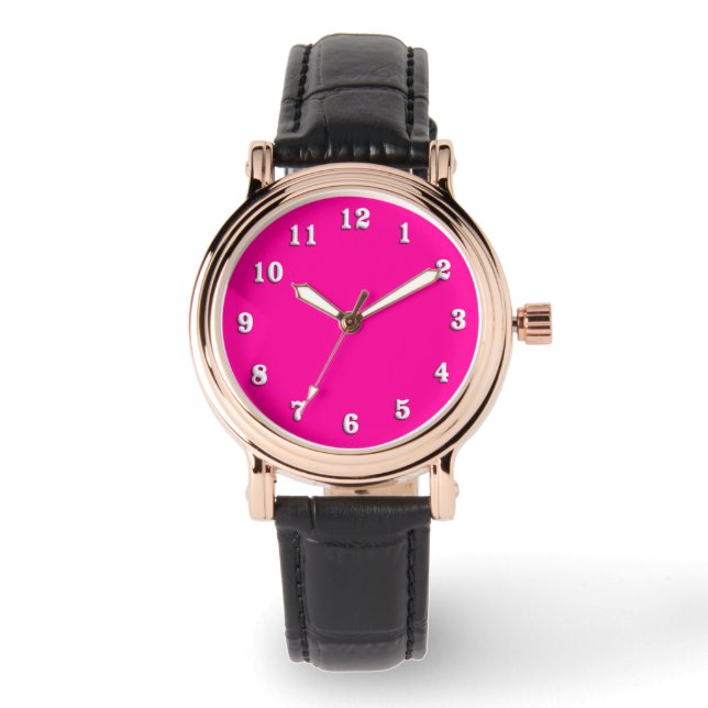 Solid Hot Pink met witte cijfers Horloge (Voorkant)