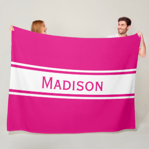 Solid Hot Pink White Stripes Modern Name Fleece Deken
