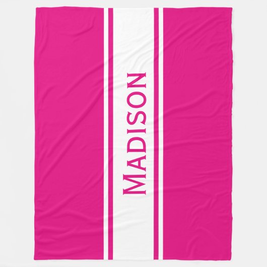 Solid Hot Pink White Stripes Modern Name Fleece Deken (Voorkant)