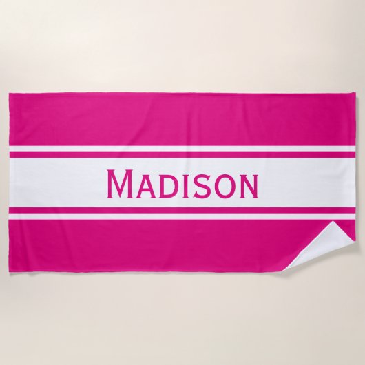 Solid Hot Pink White Stripes Modern Name Strandlaken (Voorkant)