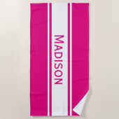 Solid Hot Pink White Stripes Modern Name Strandlaken (Voorkant)