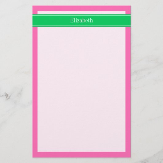 Solid Hot Roze #2 Emerald Green Rbn Naam Monogram Briefpapier (Voorkant)