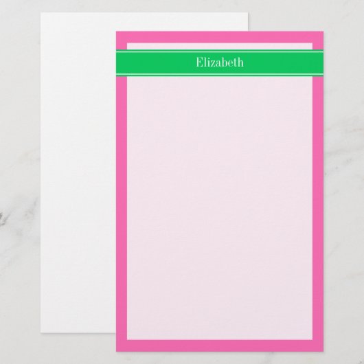 Solid Hot Roze #2 Emerald Green Rbn Naam Monogram Briefpapier (Voorkant / Achterkant)