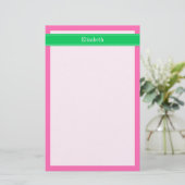 Solid Hot Roze #2 Emerald Green Rbn Naam Monogram Briefpapier (Staand voorkant)