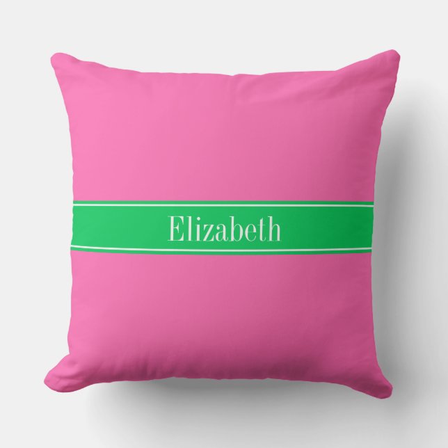 Solid Hot Roze #2 Emerald Green Rbn Naam Monogram Kussen (Voorkant)