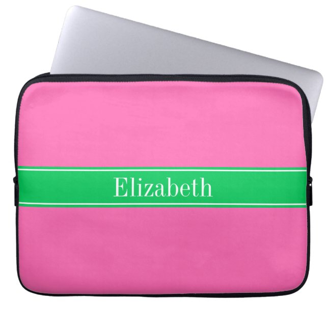 Solid Hot Roze #2 Emerald Green Rbn Naam Monogram Laptop Sleeve (Voorkant)