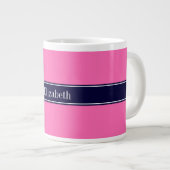 Solid Hot Roze #2, Navy Blue Ribbon Name Monogram Grote Koffiekop (Voorkant rechts)