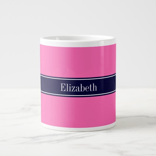 Solid Hot Roze #2, Navy Blue Ribbon Name Monogram Grote Koffiekop (Voorkant)