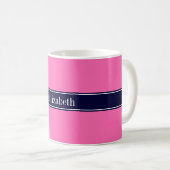 Solid Hot Roze #2, Navy Blue Ribbon Name Monogram Koffiemok (Voorkant rechts)