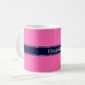 Solid Hot Roze #2, Navy Blue Ribbon Name Monogram Koffiemok (Voorkant links)