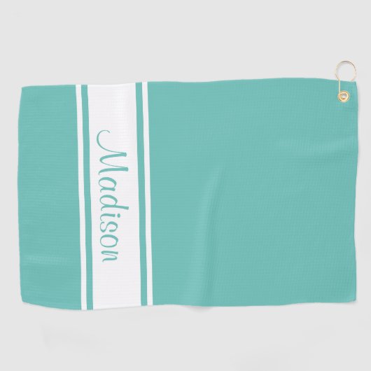 Solid Light Blauwgroen White Stripe Script Name Golfhanddoek (Horizontaal)