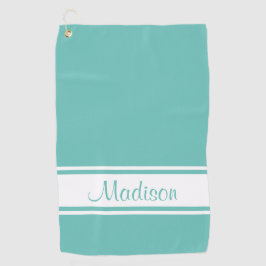 Solid Light Blauwgroen White Stripe Script Name Golfhanddoek
