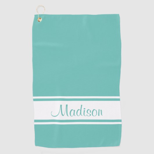 Solid Light Blauwgroen White Stripe Script Name Golfhanddoek (Voorkant)