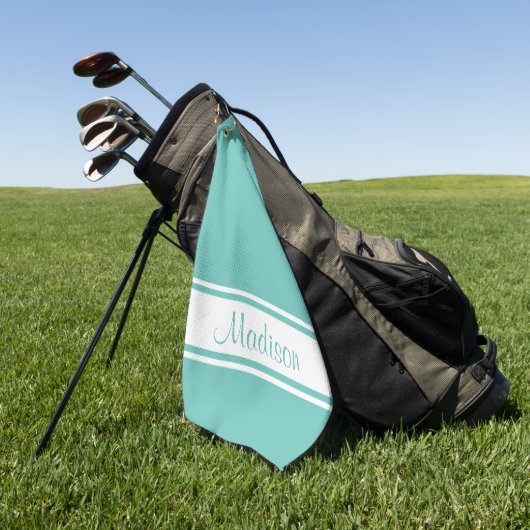 Solid Light Blauwgroen White Stripe Script Name Golfhanddoek (Groen)