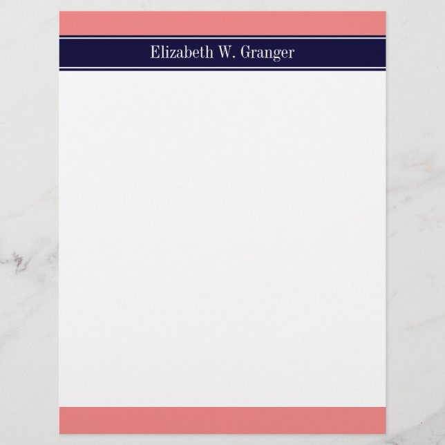 Solid Light Coral, Navy Blue Ribbon Name Monogram (Voorkant)