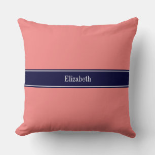 Solid Light Coral, Navy Blue Ribbon Name Monogram Kussen
