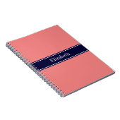 Solid Light Coral, Navy Blue Ribbon Name Monogram Notitieboek (Rechterzijde)