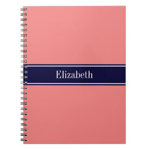 Solid Light Coral, Navy Blue Ribbon Name Monogram Notitieboek