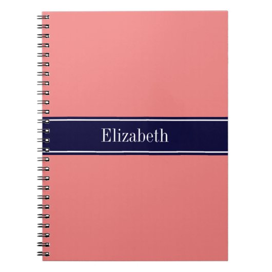 Solid Light Coral, Navy Blue Ribbon Name Monogram Notitieboek (Voorkant)