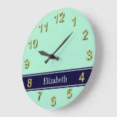 Solid Light Mint, Navy Blue Ribbon Name Monogram Grote Klok (Hoek)