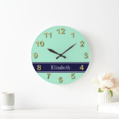 Solid Light Mint, Navy Blue Ribbon Name Monogram Grote Klok (Huis)