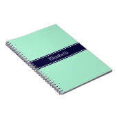 Solid Light Mint, Navy Blue Ribbon Name Monogram Notitieboek (Rechterzijde)