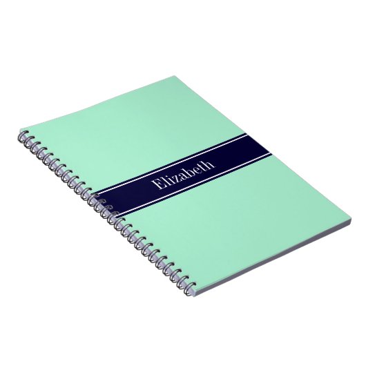 Solid Light Mint, Navy Blue Ribbon Name Monogram Notitieboek (Rechterzijde)