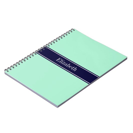 Solid Light Mint, Navy Blue Ribbon Name Monogram Notitieboek (Linkerzijde)