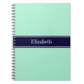 Solid Light Mint, Navy Blue Ribbon Name Monogram Notitieboek (Voorkant)