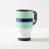 Solid Light Mint, Navy Blue Ribbon Name Monogram Reisbeker (Voorkant rechts)