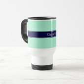 Solid Light Mint, Navy Blue Ribbon Name Monogram Reisbeker (Voorkant links)